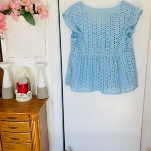 Light Blue Eyelet Ruffle Sleeve Top